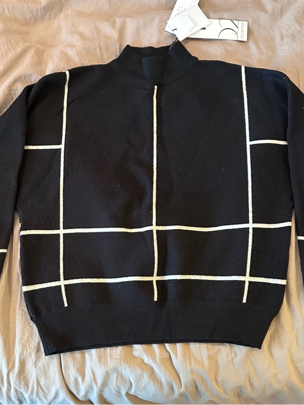 Black Grid Mock Neck Sweater with Cream Windowpane